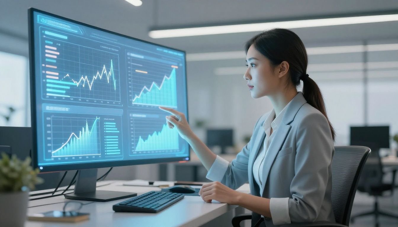 A digital illustration of a business owner looking at glowing financial charts and marketing analytics on a screen in a modern, clean office, highlighting financial clarity.